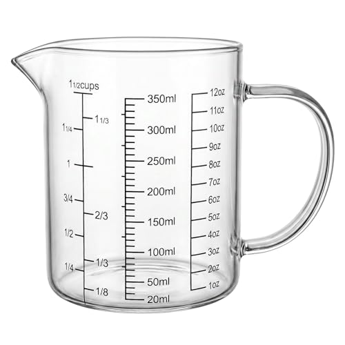 Graduated Glass Measuring Cup With Handle 350ML (12Oz, 1 1/2Cups) | High Borosilicate Liquid Measuring Cup for Baking Cooking Kitchen V-Shaped Spout Glass Measuring Beaker Easy To Read - size: 350ML (12Oz, 1 1/2Cups)