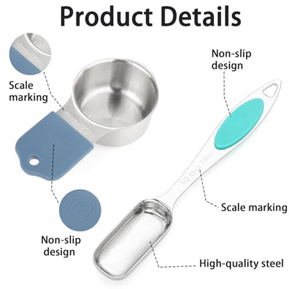 Magnetic Measuring Cups and Spoons Set, 7 Stainless Steel Measuring Cups and 7 Rectangular Metal Teaspoon with 1 Leveler for Cooking & Baking (Colorful) - color: Colorful
