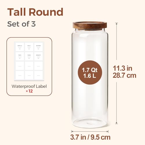 ComSaf 3Pcs (1.7Qt) Airtight Glass Pasta Storage Containers with Acacia Wood Lids, Tall Pantry Storage Container for Organizing Spaghetti and Pasta, Thick Glass Spaghetti Container with Pasta Labels - size: 1.7Qt*3