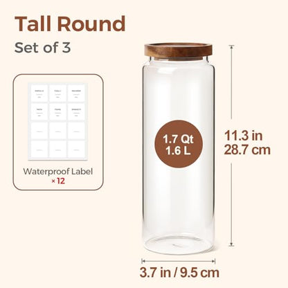 ComSaf 3Pcs (1.7Qt) Airtight Glass Pasta Storage Containers with Acacia Wood Lids, Tall Pantry Storage Container for Organizing Spaghetti and Pasta, Thick Glass Spaghetti Container with Pasta Labels - size: 1.7Qt*3