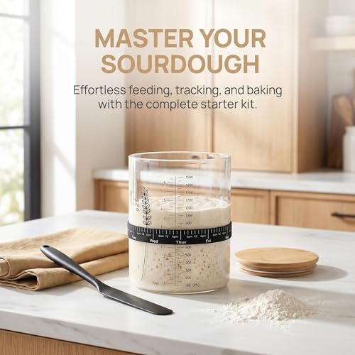 Sourdough Starter Jar Kit, 50 OZ Wide Mouth Sour Dough Starter Jar Glass | Jar for Sourdough Starter with Non-Slip Silicone Bottom,Date Marked Feeding Band,Thermometer Band,Cloth Cover & Bamboo Lid