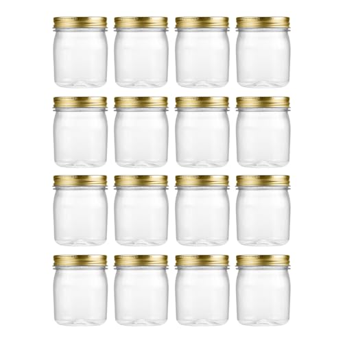 novelinks 8 oz Clear Plastic Jars with Airtight Lids, 16 Pack Plastic Mason Jars with Lids 8oz, Refillable Storage Slime Containers & Small Spice Jar for Kitchen Organization (16 Pack,Gold) - color: Gold, size: 16 Pack 8 Ounce