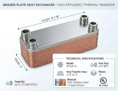 16 Plate Brazed Heat Exchanger – 3/4" MPT – 316L Stainless Steel Water to Water Heat Exchanger for Radiant Floor Heating, Outdoor Wood Furnaces, Wort Chilling, Oil Cooling - size: 3"x8"-16 plates