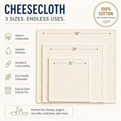 Cheese Cloths, 5 Pcs Organic Cheesecloth for Straining Cooking | 3 Sizes Reusable Cheese Cloth, Grade 100, Unbleached Cotton Muslin Cloth with Hemmed Edges, 36x36/20x20/15x15 Inch