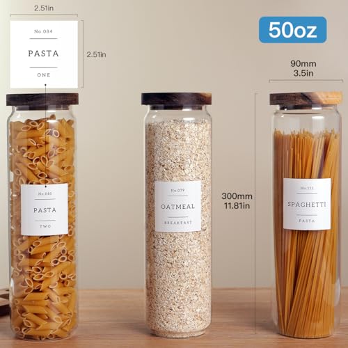 CZZGSM 3 Set Glass Pantry Storage Jars with Acacia Airtight Lid - 50oz Thicken Glass Kitchen Canisters with 132 Pantry Labels - Tall Food Storage Containers with Wood Lid for Pasta,Spaghetti,Cereal