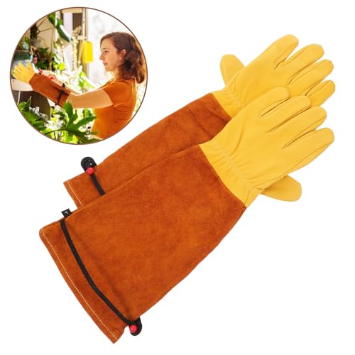 Long Leather Gardening Gloves for Women, L Size, Gold Sheepskin Palm with Brown Cowhide Sleeve, Thorn-resistant Protective Work Gloves for Yard and Outdoor Use
