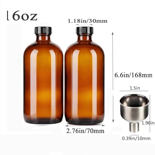 16oz Amber Glass Bottles 2 pack with Lids& Stainless Steel Funnels,Refillable Boston Brown Round,Dispensing for Homemade Vanilla Extract,Oils,Herbal Medicine,Ginger Shots