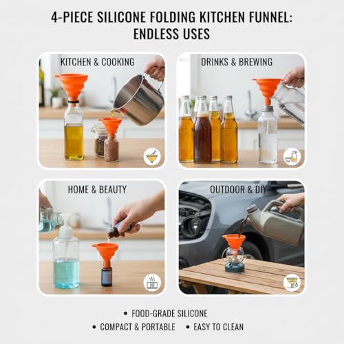 4 Pack Silicone Collapsible Kitchen Funnel for Water Beer Oil Filling Bottles ，Foldable Silicone Funnel Set – Collapsible Small & Large Funnels, Water Bottles & Liquid Transfer – Food Grade（Orange） - color: orange