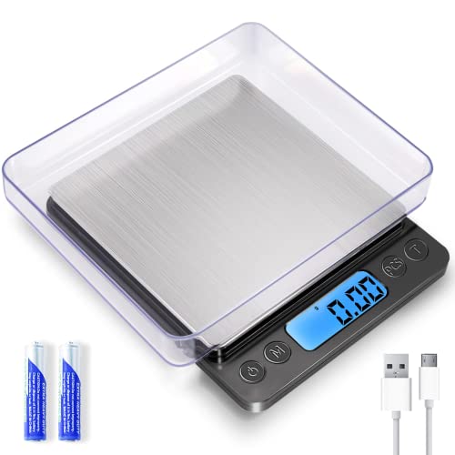 Small Digital Gram Scale 1000g by 0.01g, MEIYA High Accuracy Scale for Food Ounces and Grams, Upgrade USB Charging Kitchen Scale Digital Weight for Cooking, Baking, with Tare Function, 9 Units, 2 Tray - color: Black