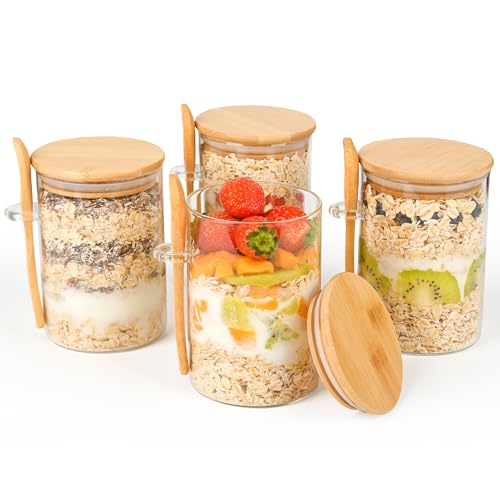 Overnight Oats Containers with Lids,4 Pack 18oz Overnight Oats Jars with Spoons,Salad Meal Prep Jar with Bamboo Lids for Chia Seed Pudding Salad Cereal Coffee Flour,Sourdough Starter Jar for Bread - size: 4 Pcs