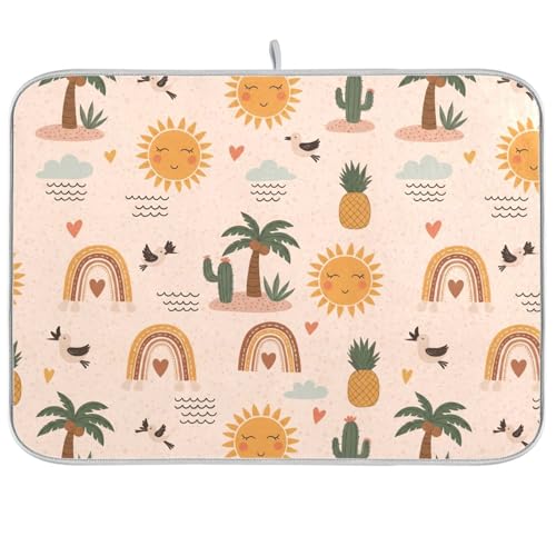 Tropical Sun Palm Tree Dish Drying Mat for Kitchen Counter Super Absorbent Draining Mat with Non-slip Backed Sink Tray Mat for Dish Bottles Cups Bowl Sinks Countertops Draining Racks