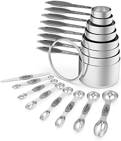 Wildone Measuring Cups and Magnetic Measuring Spoons Set, 16Pcs | 8 Stainless Measuring Cups, 7 Double-sided Magnetic Measuring Spoons & Leveler for Spice Jar and Liquid Measuring, Gray - color: Gray