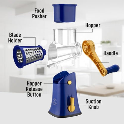 Zulay Kitchen Rotary Cheese Grater 5 Blade Cheese Shredder - Manual Hand Crank Cheese Grater With Reinforced Suction & 5 Interchangeable Drums - Easy to Use, Vegetable Chopper Round Mandoline Slicer - color: Blue and Gold