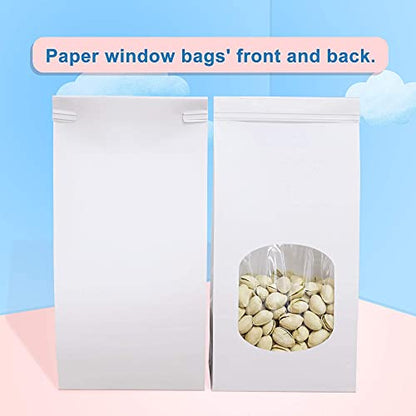 BagDream Bakery Bags with Window 100Pcs 4.5x2.36x9.6 Inches White Kraft Paper Bags with Window, Tin Tie Tab Lock, for Bakrery, Cookie, Coffee Bean, Snack - color: White