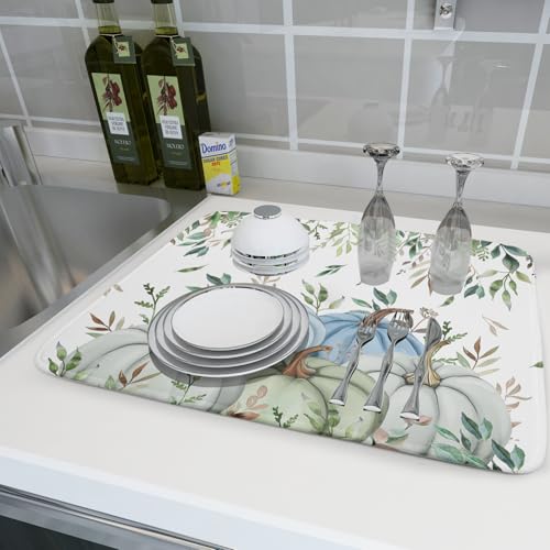 Giwawa Fall Blue Pumpkin Dish Drying Mat Autumn Harvest Dishes Pad 18"x24" Microfiber Quick Dry Dish Drainer Rack Mats Kitchen Counter Accessories - color: Blue Pumpkin Leaf, size: 18x24 inch