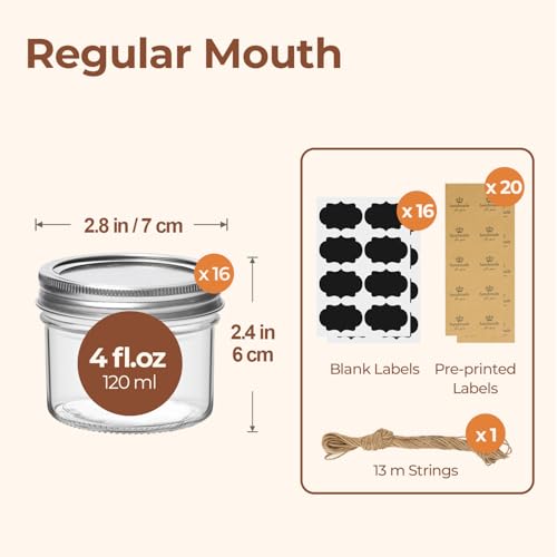 ComSaf 4 oz Mini Mason Jars Bulk Set, 16 Pack Glass Jars with Lids | BPA-Free Materials, Spice Rack, Small Jam, Honey Samples, Wedding Favors, DIY Candles, Labels and Twine - size: 4oz*16 regular mouth