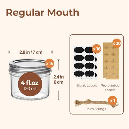 ComSaf 4 oz Mini Mason Jars Bulk Set, 16 Pack Glass Jars with Lids | BPA-Free Materials, Spice Rack, Small Jam, Honey Samples, Wedding Favors, DIY Candles, Labels and Twine - size: 4oz*16 regular mouth