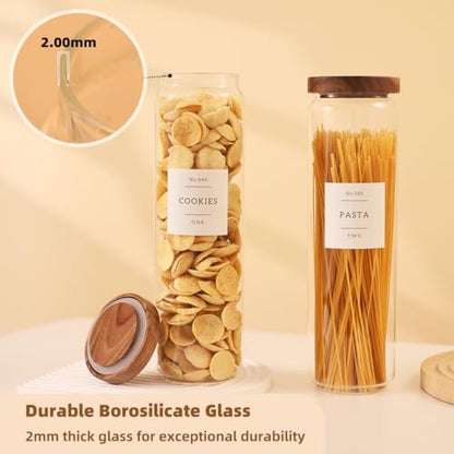 3 Pack Glass Canisters with Airtight Acacia Lids and 132 Kitchen Pantey Labels Preprint - 51 Fl Oz Borosilicate Glass Pantry Storage Jars Containers with Wooden Lids for Pasta,Spaghetti,Cereal,Noodles - size: 51oz-3 Pack