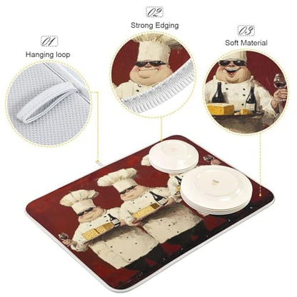 Chefs Cheese Wine Red Dish Drying Mat for Kitchen Counter with Absorbent Quick Dry Slip Resistant Dish Drying Pad for Sink Draining Racks Coffee Bar, 16 x 18 Inches