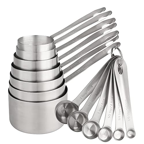 Measuring Cups and Spoons Set, 18/8 Stainless Steel Measuring Cups and Spoons, Metric & US Metal 7 Kitchen Measure Cups & 6 Measuring Spoons, Baking Measuring Tools Set 13