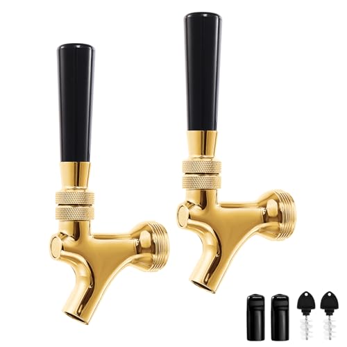 Golden Kegerator Tap Beer Faucet, 2Pcs All 304 Stainless Steel Draft Keg Tap Beer Tower Faucet with Beer Covers Caps Plugs, Beer Dispenser Kegerator Parts for Homebrew