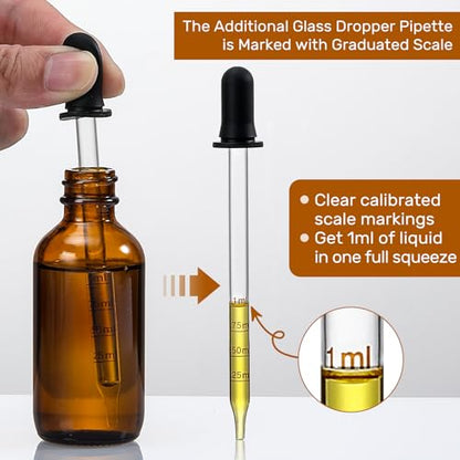 4 Pack, 100ml Dropper Bottles with 2pcs Glass Pipettes(1ml) - Essential Oils Bottles for Health, Personal Care & Beauty - 3.4oz Thick Dark Amber Glass Tincture Bottle with Eye Droppers, Leakproof - style: Plus 2 Graduated Pipettes