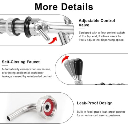 Adjustable Beer Faucet Brass Keg Tap with Stainless Steel Core Flow Control and Long Shank - 5/16'' Barb G5/8 Thread Draft Beer Tap for Kegerator, Home Brewing & Bar