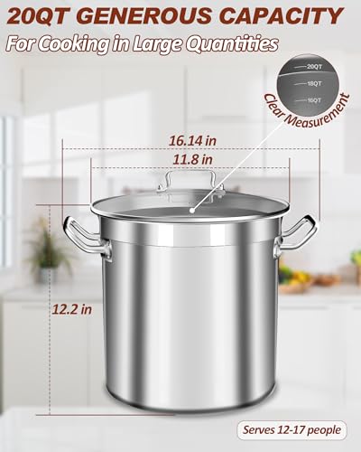 Large Stock Pot 20 Quart - Commercial Grade Soup Pot With Glass Lid - Nickel Free Stainless Steel Cookware - Healthy Polished Stockpots - Heavy Duty Induction Pots - size: 20 Quarts