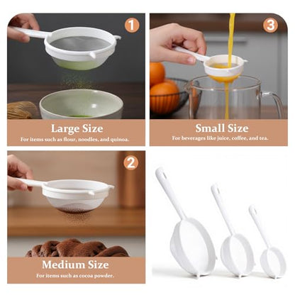 3 PCS Plastic Fine Mesh Strainer Set with Handle, Nylon Sieve Fine Food Mesh Colander with Double Ear for Baking Kitchen Yogurt Tea Juice Coffee Honey Milk Pasta
