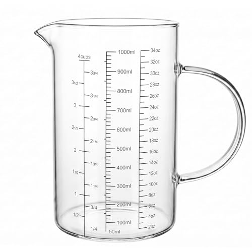 Graduated Glass Measuring Cup With Handle 1000ML (32Oz, 4Cups) | High Borosilicate Liquid Measuring Cup for Baking Cooking Kitchen V-Shaped Spout Glass Measuring Beaker Easy To Read - size: 1000ML (32Oz, 4Cups)