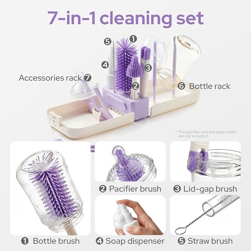 lalalark 7-in-1 Baby Bottle Brush Set, BPA Free Silicone Baby Bottle Cleaning Kit with No Scratch Dual-Headed Brush, Nipple Brushes,Soap Dispenser & Drying Rack,Travel Cleaner with Storage Case,Purple - color: Purple