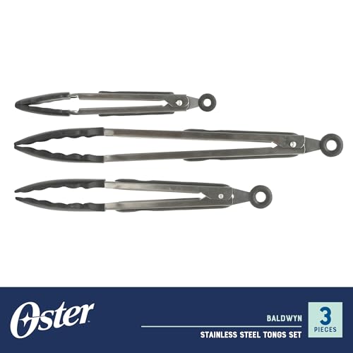 Oster 3-Piece Kitchen Tongs Set – 12", 9", 7" Locking Tongs with Heat-Resistant Nylon Tips and Stainless Steel Handles, Nonstick Safe, BPA-Free, Dishwasher Safe, Black Cooking Tongs - color: Baldwyn (3pc Tong Set)