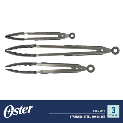 Oster 3-Piece Kitchen Tongs Set – 12", 9", 7" Locking Tongs with Heat-Resistant Nylon Tips and Stainless Steel Handles, Nonstick Safe, BPA-Free, Dishwasher Safe, Black Cooking Tongs - color: Baldwyn (3pc Tong Set)