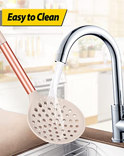 Kitchen Ladle Strainer Set of 2 Large Slotted Spoon with High Heat Resistant BPA Free Non Stick Cooking Skimmers For Draining and Frying - color: Rose Gold Black and Khaki