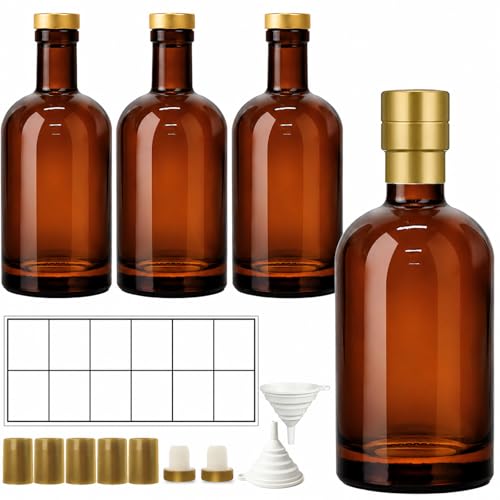 TBWIND 4 Pack 25oz/750ml Amber Glass Bottles with T-Top Corks | Airtight refillable brewing bottles. For mead, kombucha, limoncello, syrups & homemade drinks. Includes funnels & labels - color: 25oz/ 750ml, size: Amber