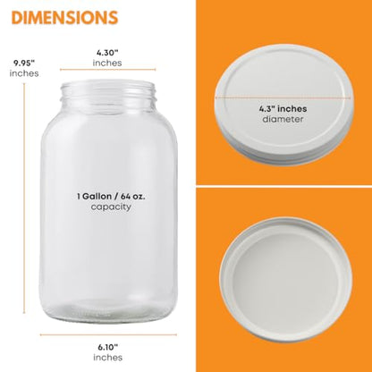 FastRack - One Gallon Wide Mouth Jar with White METAL Airtight Lid (Pack of 4) | Glass Canisters with Airtight Lids | Large Mouth Glass Jar with Fermentation Lid for brewing, fermentation and pickling - size: 4 Pack