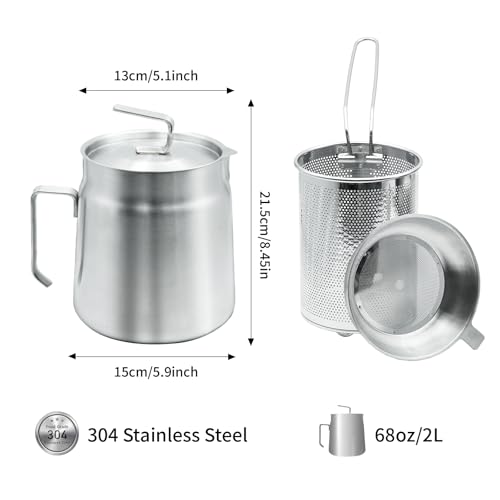 68oz Stainless Steel Oil Filter Pot with Deep Fryer Basket, Stovetop Fryer | Steel Pour Fryer for Fries, Kitchen Large Capacity Versatile Oil Strainer Vessel and Bacon Grease Saver for Cooking Grease
