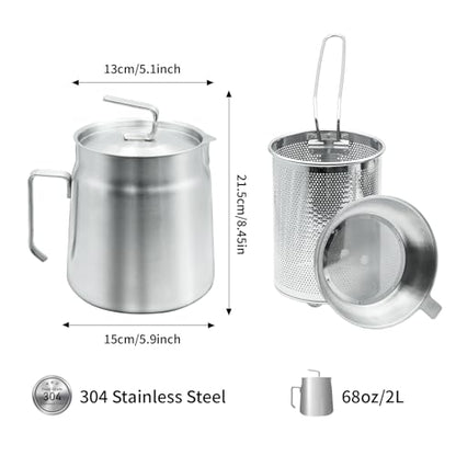 68oz Stainless Steel Oil Filter Pot with Deep Fryer Basket, Stovetop Fryer | Steel Pour Fryer for Fries, Kitchen Large Capacity Versatile Oil Strainer Vessel and Bacon Grease Saver for Cooking Grease
