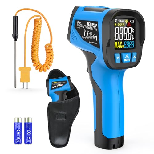 Infrared Thermometer Temperature Gun - TEMIRUP Non-Contact Digital Laser Thermometer Temp Gun with Thermocouple Probe for Industrial, Cooking, Griddle, Engine, HVAC, Adjustable Emissivity,-40℉~1202℉ - color: Blue -40℉~1202℉(-40℃~650℃)
