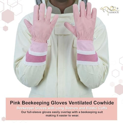 Pink Beekeeping Gloves - Cowhide Ventilated Beekeeper Gloves with Long Sleeve & Elastic Cuff - size: X-Small