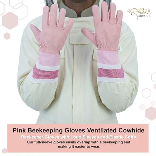 Pink Beekeeping Gloves - Cowhide Ventilated Beekeeper Gloves with Long Sleeve & Elastic Cuff - size: Small