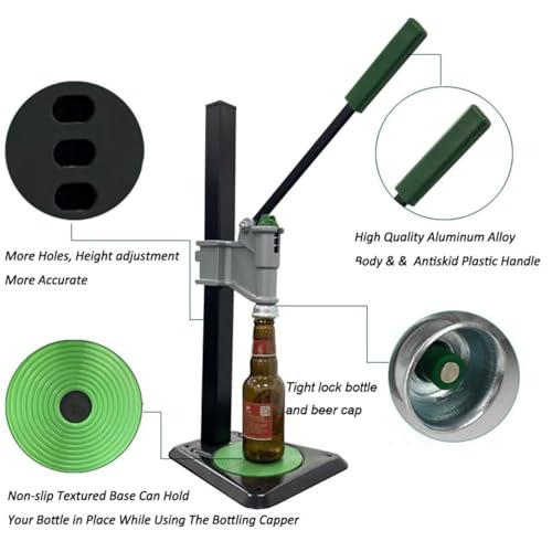 Manual Beer Bottle Capper Tool, Bench Bottle Cap Sealing Machine with Lever-Action Pressing Rod and Non-Slip Pad, Adjustable Height, 26mm Crown Capper for Home Brewing