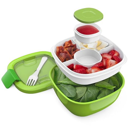 Bentgo Salad Container - 54 oz Bowl with 4-Compartment Toppings Tray, Leak-Proof Dressing Container, Reusable Fork, BPA-Free Lunch Box for Meal Prep & Food Storage; Removable Bento Tray (Green) - color: Green