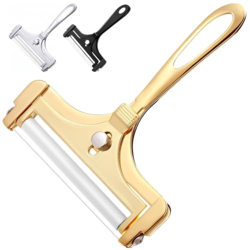 Boao Cheese Slicer with Wire Adjustable Thickness Cheese Cutter Handheld Stainless Steel for Soft Semi Thick Thin Hard Slicer for Kitchen Cooking Tools(Gold) - color: Gold