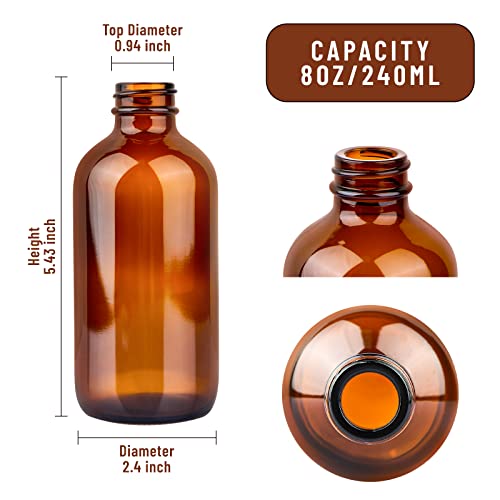 PINIWON 12 Pack 8 oz Amber Glass Bottles, 240ml Boston Round Sample Bottles with Black Poly Cone Caps, Labels and Funnels - color: Amber-12 pack