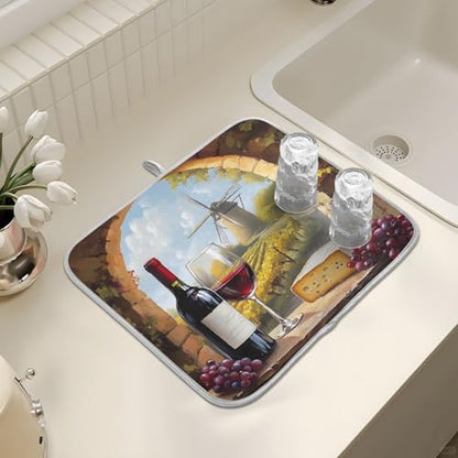 Red Wine Glasses with Grape Cheese Dish Drying Mats for Kitchen Counter Absorbent Microfiber Dish Drying Matt 16 x 18 Inch Draining Reusable Rack Pad - size: 16x18in