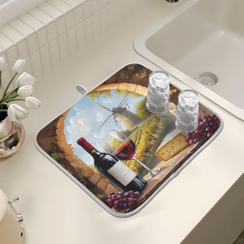 Red Wine Glasses with Grape Cheese Dish Drying Mats for Kitchen Counter, 18x24 inch Drying Dishes Absorbent Microfiber Dish Drainer Mat Rack Pad Fast Dry - size: 18x24in