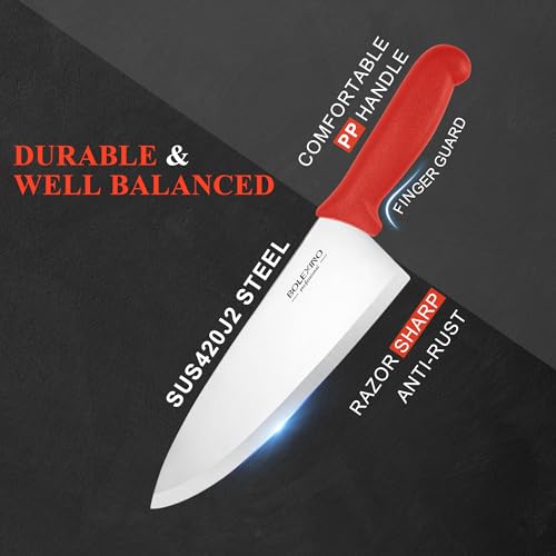 8 inch Japanese High Carbon Stainless Steel Chef Knife, Professional Extra Sharp Wide Cook Knife with Non-slip Ergonomic Handle, for Kitchen Home Restaurant - color: Red