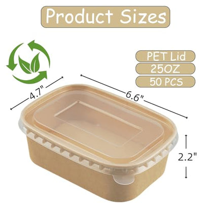 50 Pack Kraft Paper Food Container, 25 OZ Disposable Salad Bowls with Lids, Oil-Proof Rectangular Soup Bowls for Meal Prep Snack Takeout, Microwave Freezer Safe