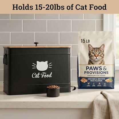 Cat Food Storage Container with Scoop - 15 lb (50 Cup) Capacity Metal Cat Food Container with Airtight Bamboo Lid & Metal Scoop - Airtight Pet Food Storage Containers - 15 lb Treats & Kibble Container - color: Black